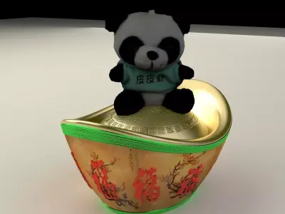 Chinese gold Ingot with panda doll    3D model