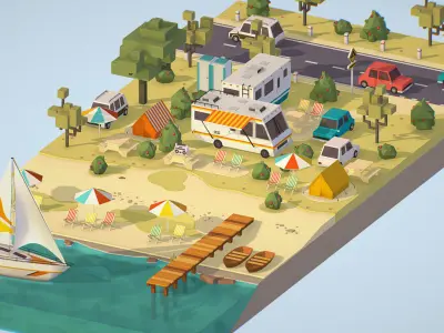 isometric camping big scene on the river Low-poly 3D model