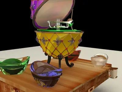 Chinese gold Ingot with Russia Faberge egg  and trumpt 3D model