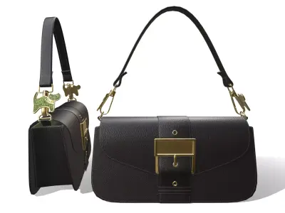 Black leather handbag with green cat pendent  3D model