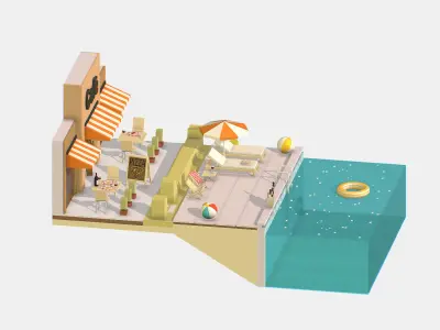 Summer Cafe Pizza Pool sun lounger Low-poly 3D model