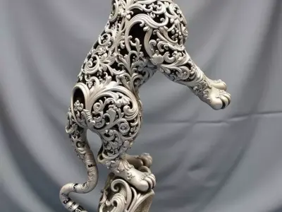 Ornate Silver Tiger Sculpture Intricate Filigree Predator Low-poly 3D model