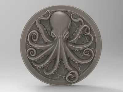 Octopus Coin Round Medallion - Plaque 3D print model