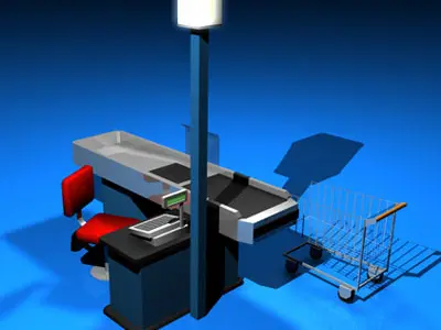 Cashtill checkout counter with shopping cart 3D model