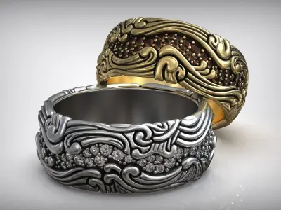 Ocean Wave Pattern Diamond Wedding Band 3D print model