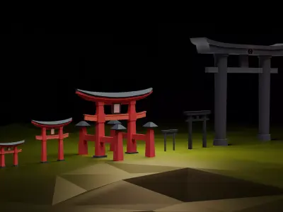 Japanese Torri Gate 3D Model Set of 6 Game Ready Low-poly 3D model