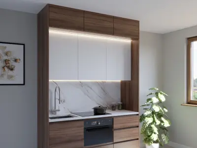 Mini small kitchen walnut white and marble 3D model