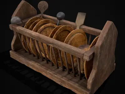 Medieval Small Dishes Rack Low-poly 3D model