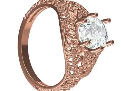 Single Round Diamond Filigree Art Deco Ring 3 3D print model