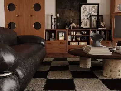 Mid-Century Retro Living Room with Vintage Leather Sofa 3D model