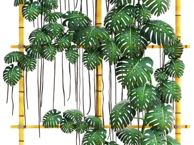 Monstera bamboo planter with plants 3D model