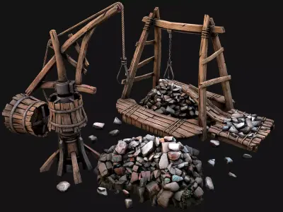 Medieval Quarry Mine with Crane Pack Low-poly 3D model