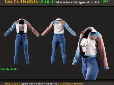 3 in 1 Girls Outfits- MD-Clo3d -OBJ - FBX -Materials-Textures 3D model