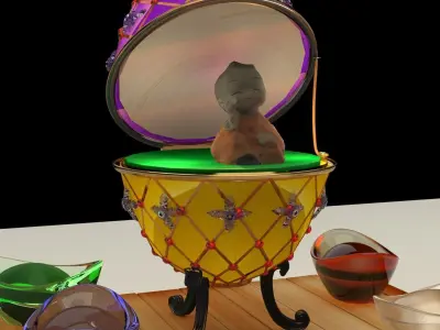 Chinese gold Ingot with Russia Faberge egg  and monk kid  3D model