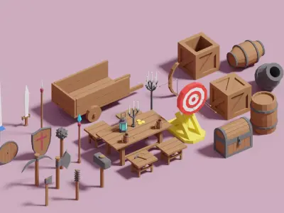 Cartoon Medieval Props Package Low-poly 3D model