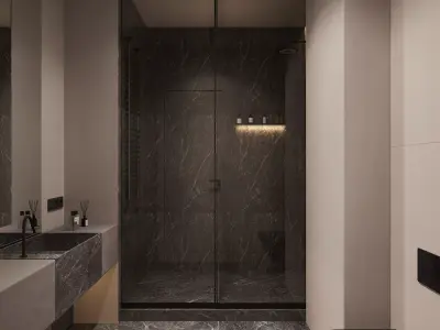 Modern Luxury Bathroom with Dark Marble and Ambient Lighting 3D model