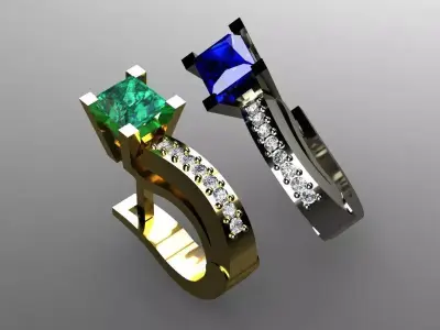 Earrings two rings with emerald and sapphire stones 3D print model