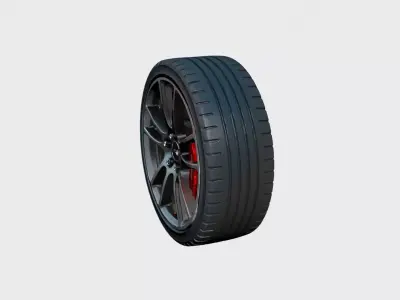 Modern Car Wheel Alloy Rim Brake Disc and Performance Tire 3D model