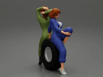 Two sexy girls in mechanic suits are sitting on a truck tire 3D print model