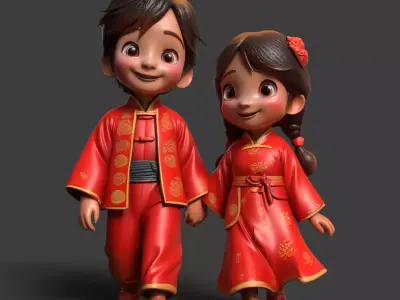 Chinese wedding couple  doll  figure  Low-poly 3D model