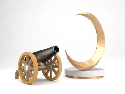 Ramadan Set golden cannon and crescent moon 3D model
