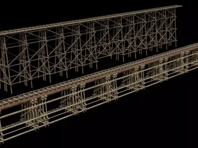 Two models 3D Wood trestle bridge and rail tracks Low-poly 3D model