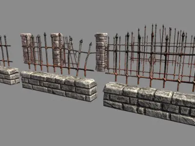 Stone Fence and Gates Low-poly 3D model
