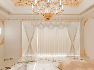 Elegant Royal Bedroom with Golden Ornaments 3D model