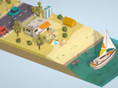 isometric camping scene on the river  Low-poly 3D model