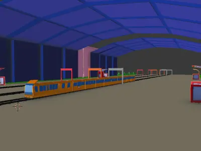 low poly Train station with tracks and buildings Low-poly 3D model