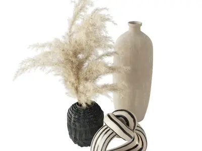 Minimalist set vases with dried grasses 3D model