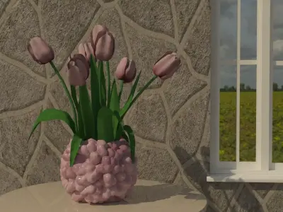 Purple tulips bouquet in a vase 3D model