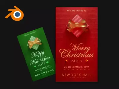 Christmas party invitation 3D cards mockup for Blender 3D model
