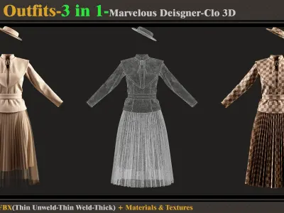 3 in 1 Girls Outfits-Clo3d-OBJ-FBX -Materials-Textures 3D model