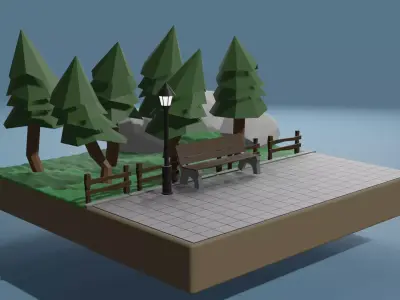 low poly park with trees and bench Free low-poly 3D model