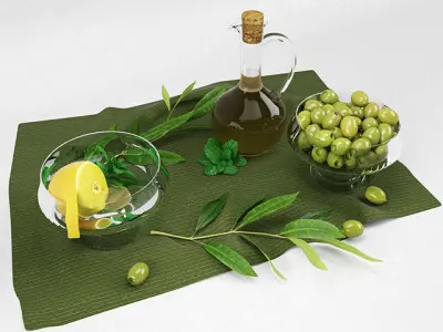 olive olives and lemon on cloth 3D model