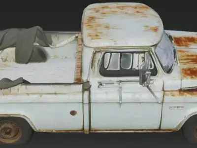 3D model of a scratched broken old rugged blue pickup truck 3D model