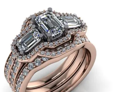 Modern Halo 3 Emerald Cut Stone Anniversary bridal set Rings 3D print model