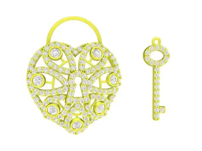 A7439 Diamond Heart Lock and Key Women Pendant 3D Model 3D print model