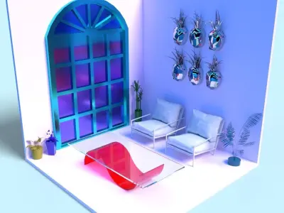 Terrace room with couch and window 3D model