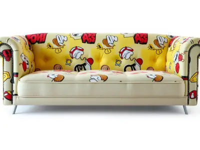 Vibrant Patterned Plush Sofa with Glossy Finish Low-poly 3D model