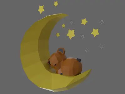 Low Poly Bear on the moon Model Origami  3D print model