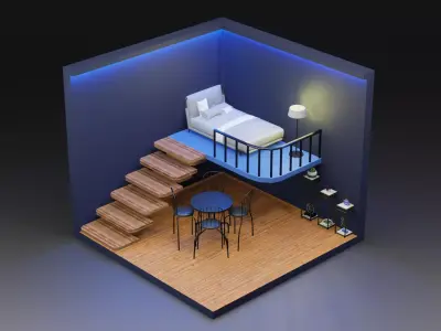 Isometric Interior Stairs Bedroom Dining Low-poly 3D model