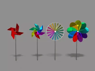 Pinwheel three colorful pinwheels on wooden stick Low-poly 3D model