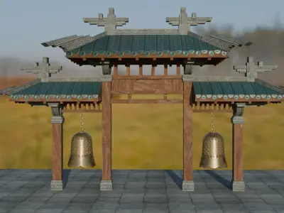 Chinese gate with bells Low-poly 3D model