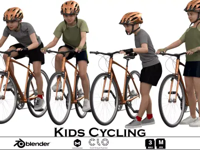 kids Cycling in 4 poses Low-poly 3D model