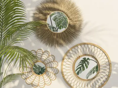 Aesthetic Rattan wood bamboo boho decoration mirror set 3D model