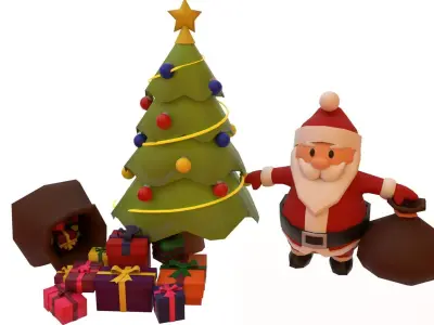 Christmas Tree And Santa with Presents Low-poly 3D model