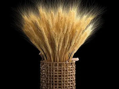 Decorative bouquet of ears of wheat in a wicker basket 285 3D model