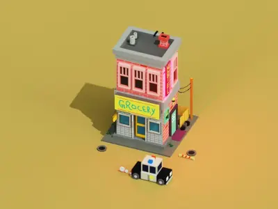 Voxel 3d hotel with grocery store and a police car 3D model
